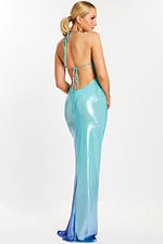 Floor-length shiny blue gradient dress for prom