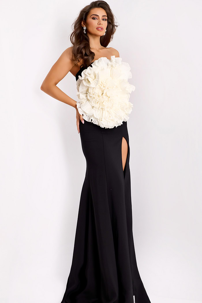black fitted dress with floral ruffles 45450