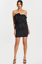 Strapless black mini dress with dramatic ruffled bodice front view