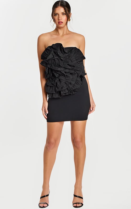 Strapless black mini dress with dramatic ruffled bodice front view