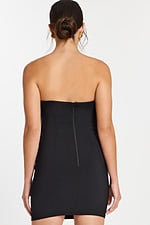 Back view of strapless fitted black short dress with invisible zipper