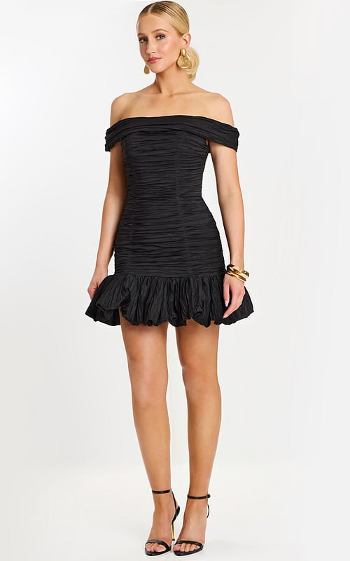 off the shoulder black ruched short dress 45459