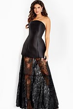 Strapless high-low gown featuring a structured satin mini dress with sheer embroidered lace overlay and floor-length train.