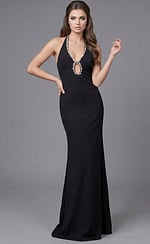 Front view of a fitted halter gown with crystal trim and deep neckline detail