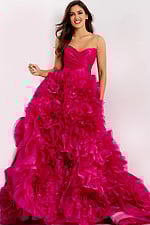 Strapless ball gown with ruched bodice and floral ruffle skirt