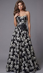 strapless evening dress with a floral pattern and waist accent detail