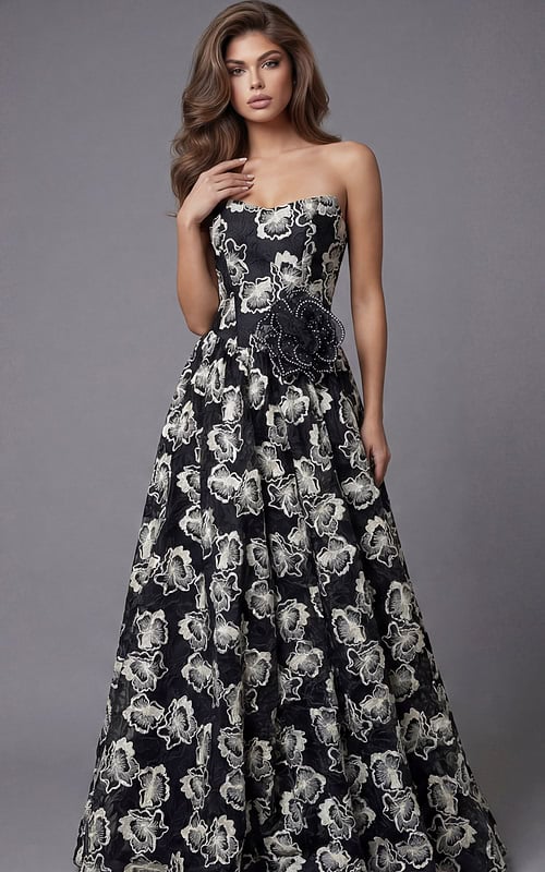strapless evening dress with a floral pattern and waist accent detail