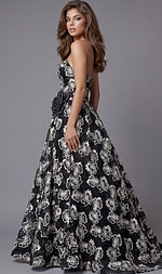 Front view of a strapless floral evening gown with a fitted bodice and full skirt