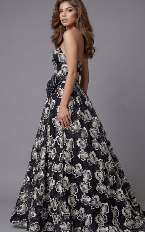 Front view of a strapless floral evening gown with a fitted bodice and full skirt