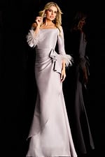 Sophisticated formal gown with draped waist, feather cuffs, and smooth satin finish