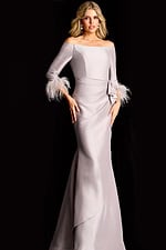 Elegant long evening dress featuring fitted bodice and flared hemline
