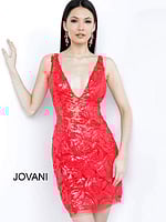 Model wearing Jovani 4552 red dress with floral sequins, front pose