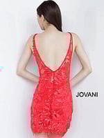 Model wearing Jovani 4552 red dress with floral sequins, back view
