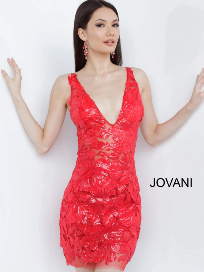 Model wearing Jovani 4552 red dress with floral sequins, front view