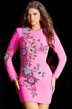 Long sleeve fitted pink dress with colorful floral bead embroidery