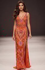 orange embellished high slit dress 45533