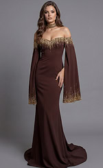 Brown off shoulder gown with gold fringe neckline