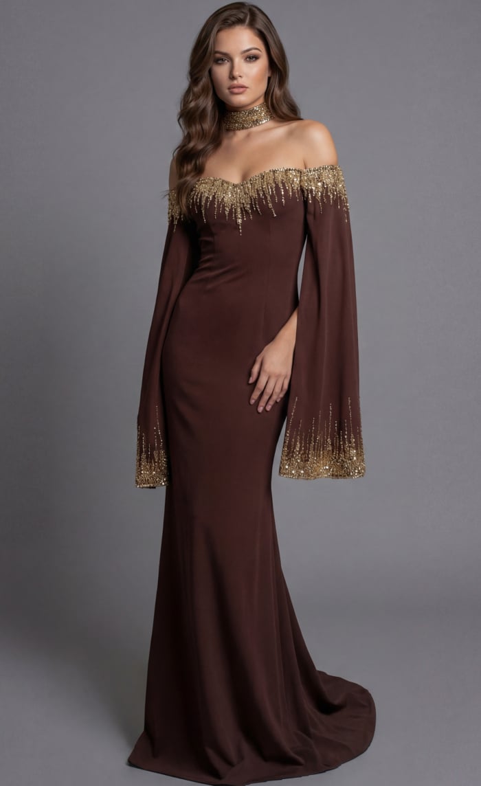 Brown off the shoulder mermaid dress 45535