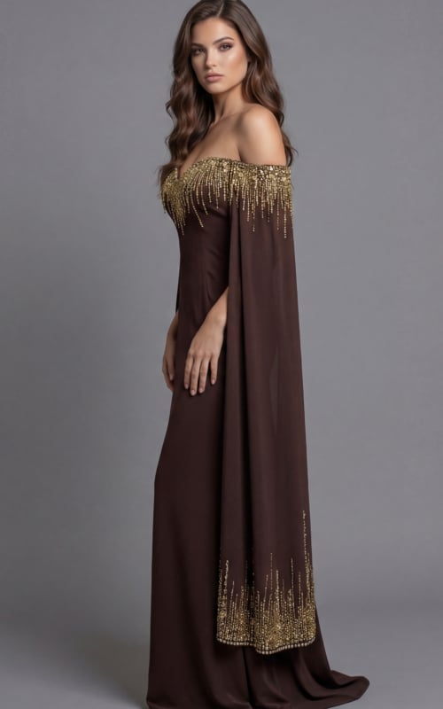 Chocolate column dress with embellished bell sleeves