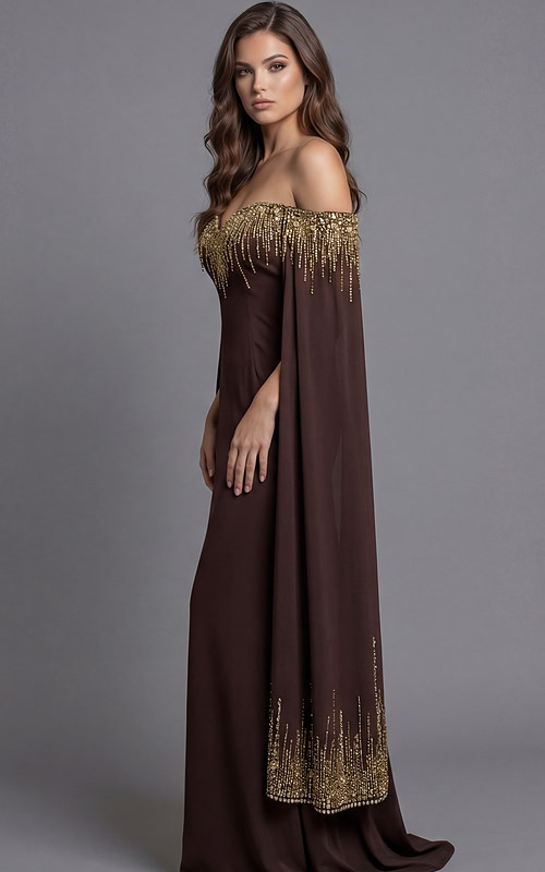 Chocolate column dress with embellished bell sleeves