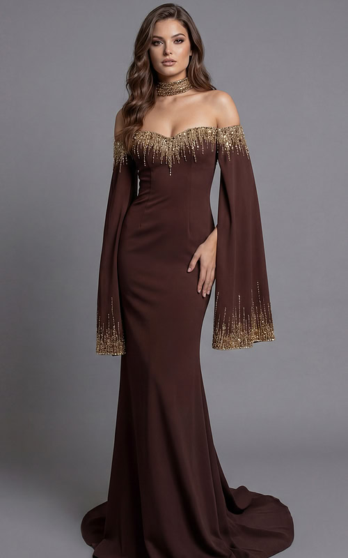 Brown off shoulder gown with gold fringe neckline