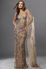 nude tan sheath long dress with one shoulder illusion embellished cape