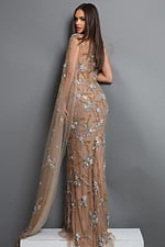nude tan sheath long dress with one shoulder illusion embellished cape