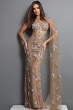nude tan sheath long dress with one shoulder illusion embellished cape