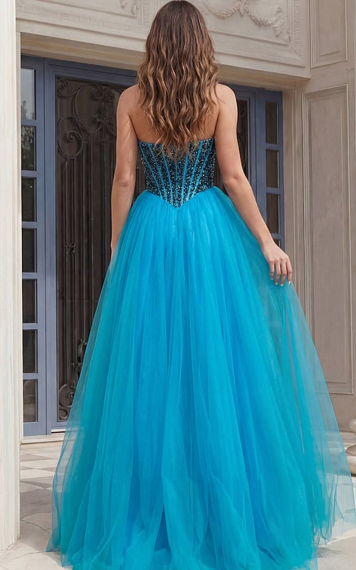 back of blue embellished prom dress 45539