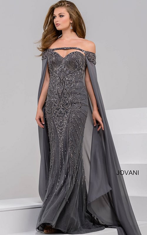 Model wearing Jovani 45566 gray gown with off-the-shoulder neckline and beaded design, front view.