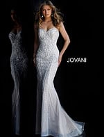 Model wearing Jovani 45566 ivory gown with intricate beading, front view.