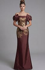 Straight on view of off shoulder evening gown with sculpted bodice and smooth floor length skirt