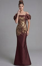 Front view of off shoulder column gown with square neckline and gold floral brocade detailing