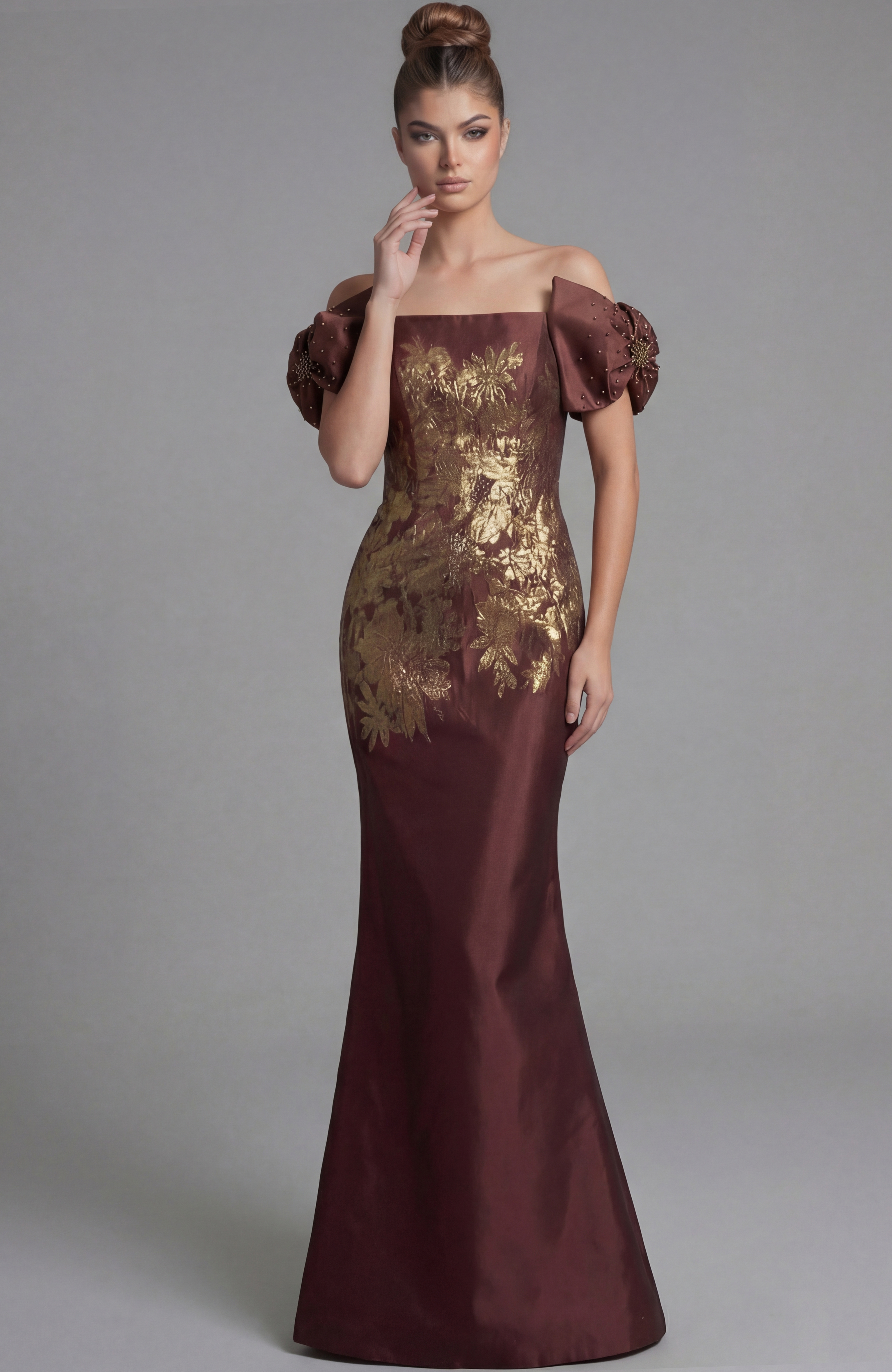 45579-2 Front view of off shoulder column gown with square neckline and gold floral brocade detailing
