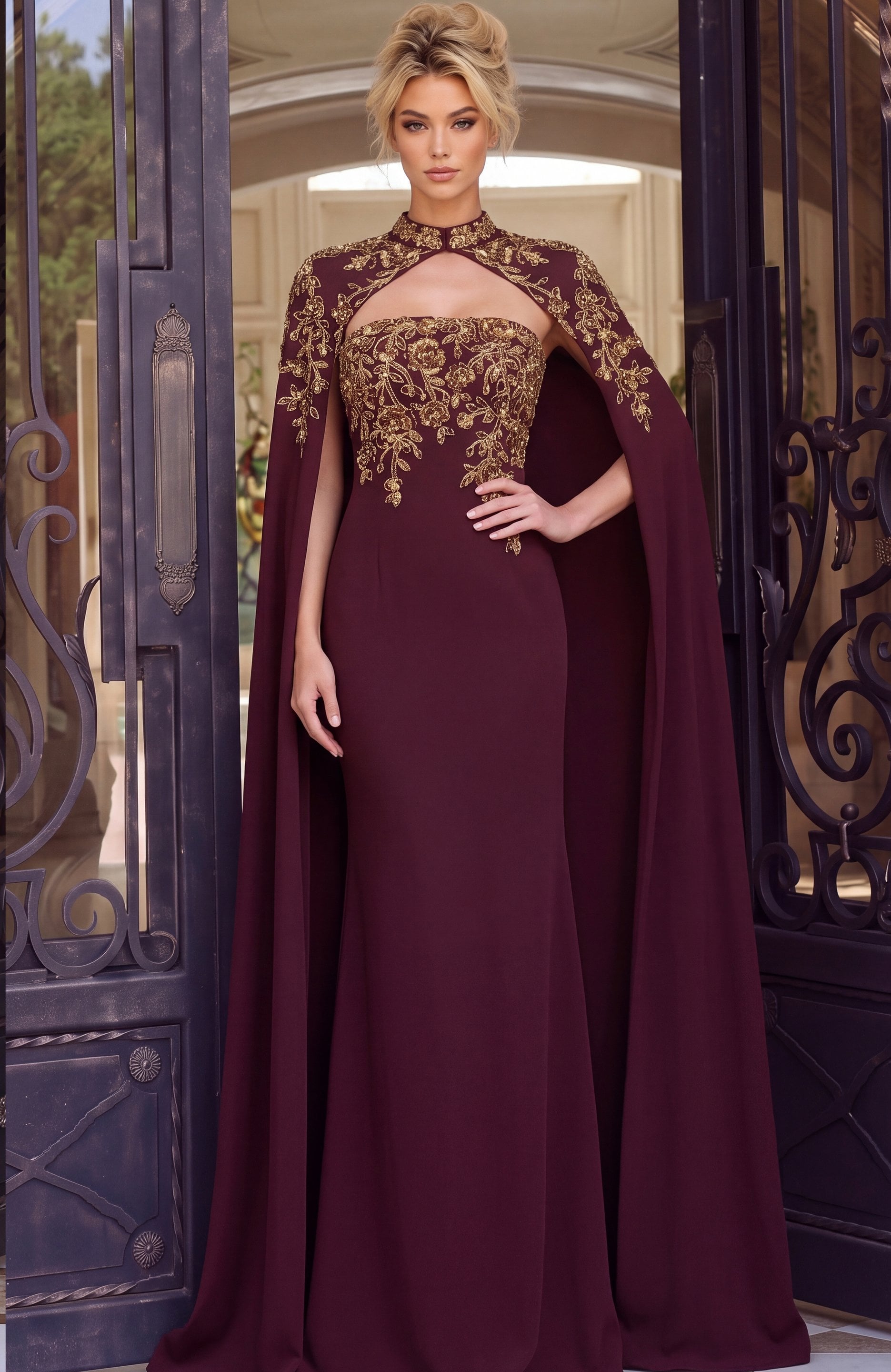 evening Jovani 45582 front, attached cape