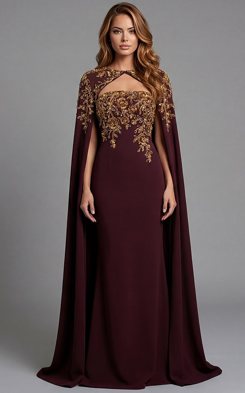 Floor length gown with detailed embroidery and smooth trailing hem