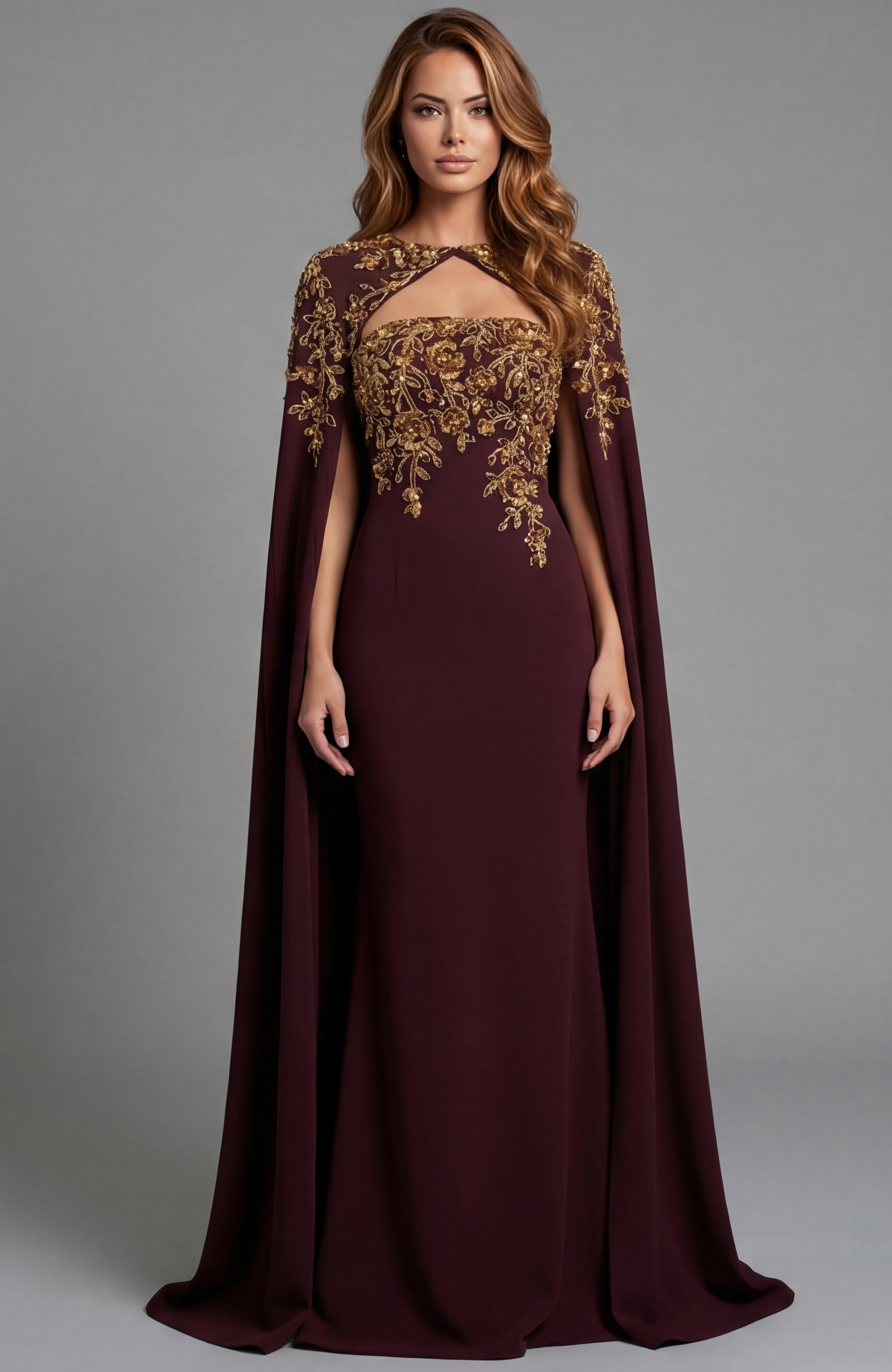45582-1 Floor length gown with detailed embroidery and smooth trailing hem