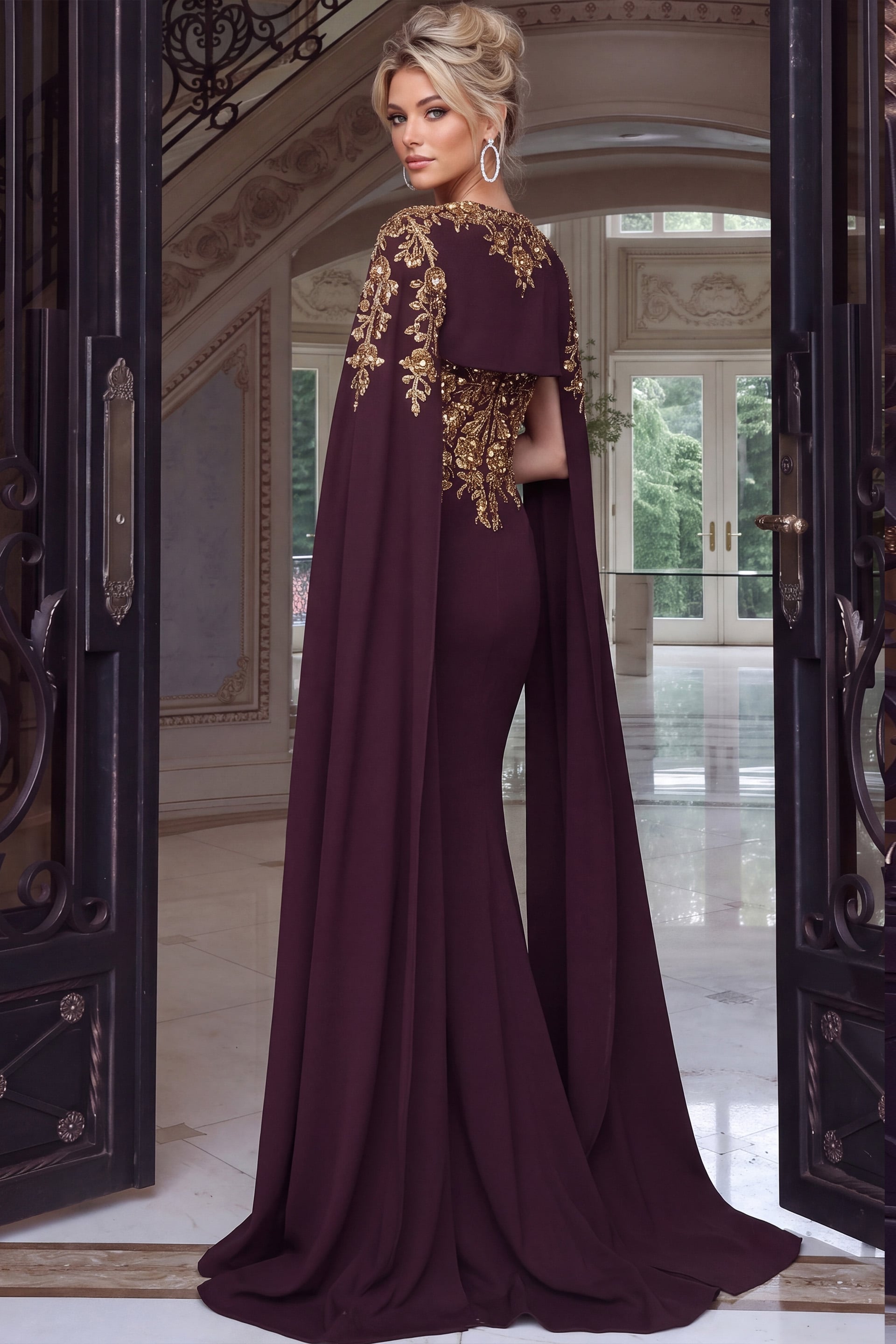 back of beaded plum and gold fitted dress 45582
