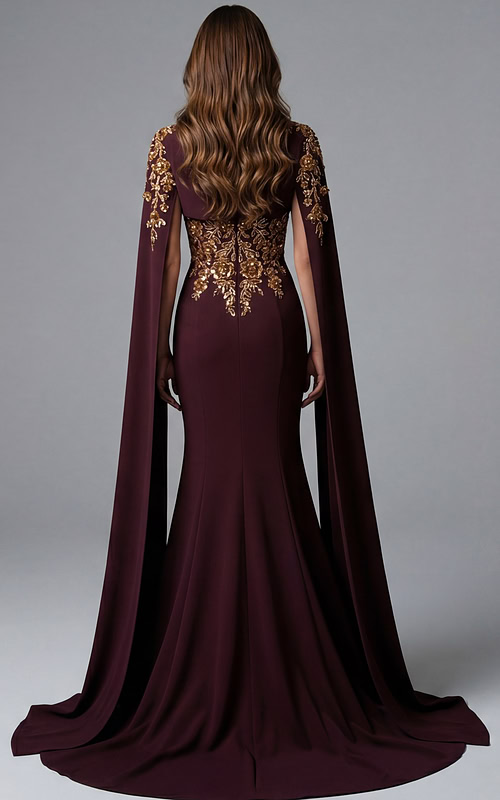Column gown with embroidered back and extended cape sleeves