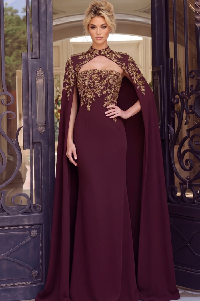 Floor length gown with detailed embroidery and smooth trailing hem