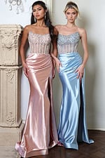 satin dress with beaded corset - two girls front, pink blue dresses standing column
