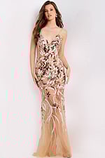 Elegant mermaid gown with sequin floral embroidery and sheer tulle overlay