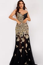 Elegant black gown with gold embroidered floral appliqué and sheer skirt.