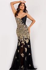 Strapless black evening dress featuring intricate gold lace embellishments.