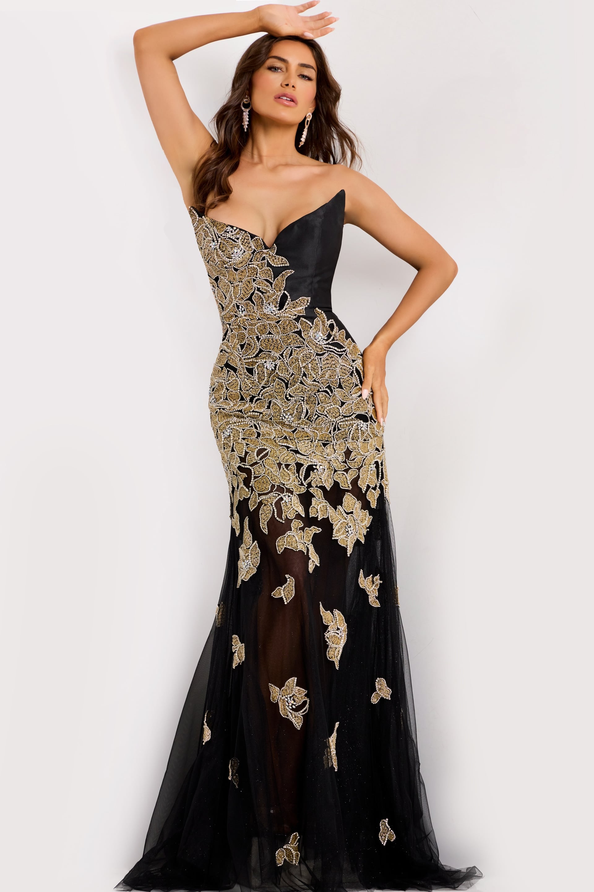45604_-31 Strapless black evening dress featuring intricate gold lace embellishments.