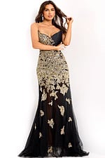 Black formal dress adorned with golden leaf patterns and semi-sheer panels.