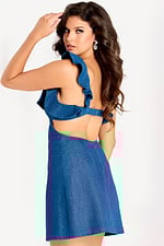 Stylish sleeveless denim dress featuring flared hem and cutout back