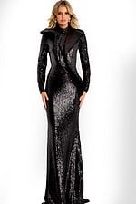 Sophisticated black gown featuring shimmering sequins and sculpted silhouette.