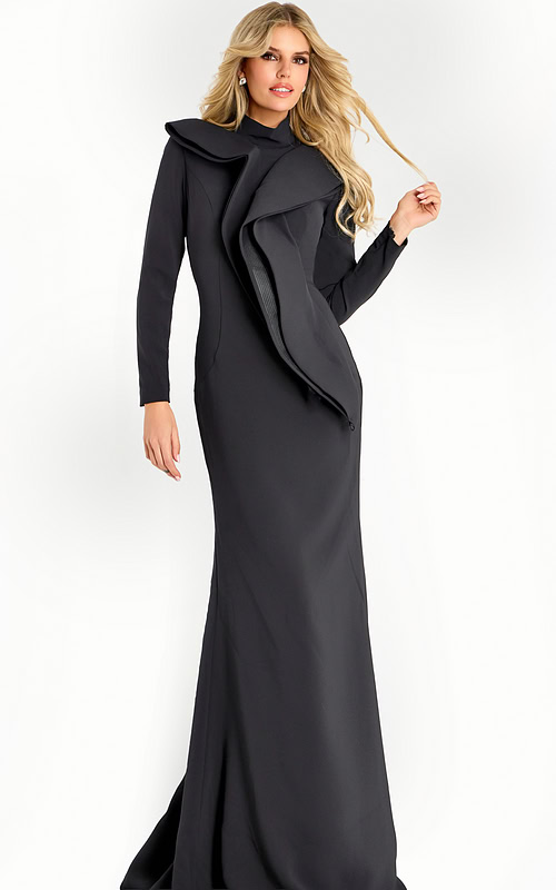 long sleeves black fitted evening dress 45617