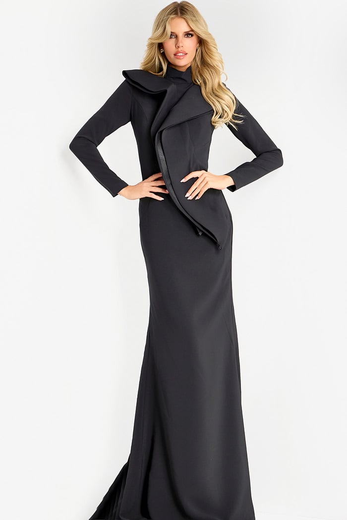 long sleeve black silk dress satin Maxi with sleeves square neckline wedding guests Colette Black Satin Maxi Gown